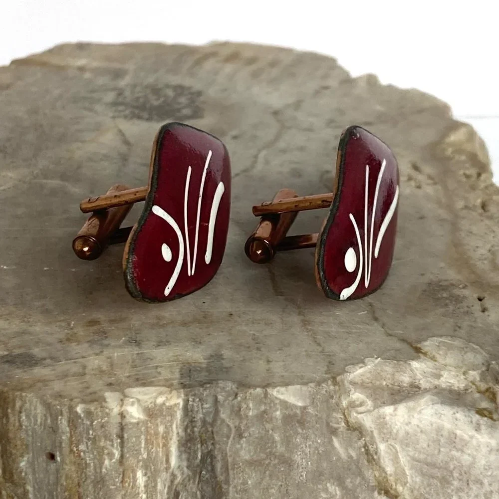 Vintage Modernist Copper Red White Enamel Fish Cuff Links READ DESCRIPTION